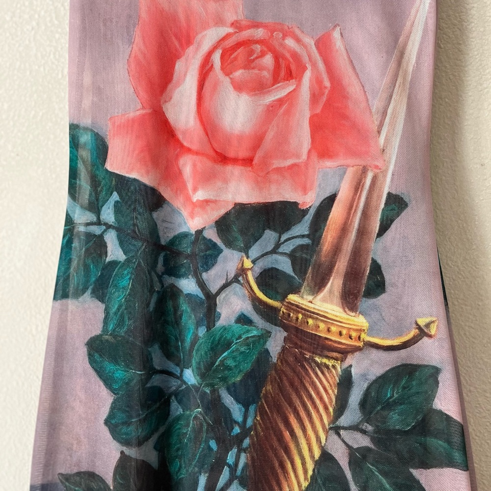 Zara S René Magritte Rose Print Mesh Sheath Maxi Dress like new - Picture 3 of 5